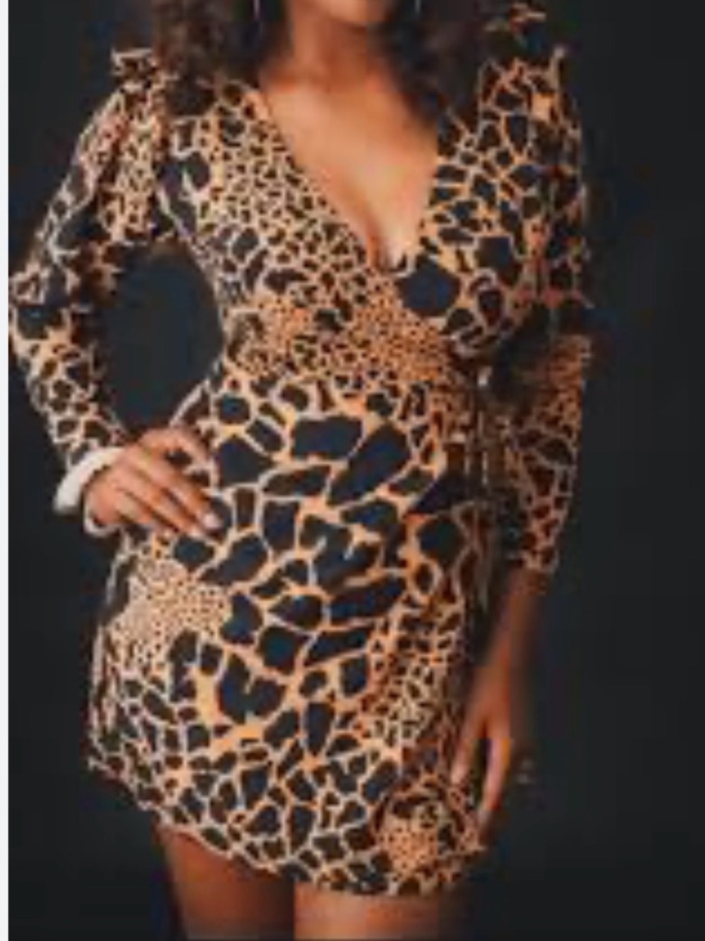ASOS Giraffe Print Wrap Mini Dress Brown Black Animal Print Puff Sleeve Dress